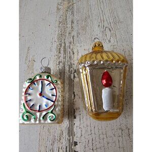 Vintage lantern candle clock Mercury glass ornament set Xmas tree gold